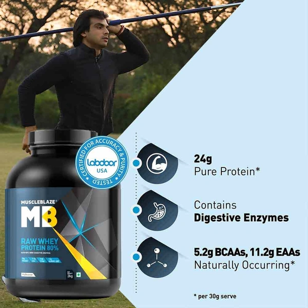 Muscleblaze  MuscleBlaze 80% Raw Whey Protein Supplement Powder, 2 kg (4.4 lb), 66 Servings (Unflavoured) - Unflavoured, 4.4 Lbs