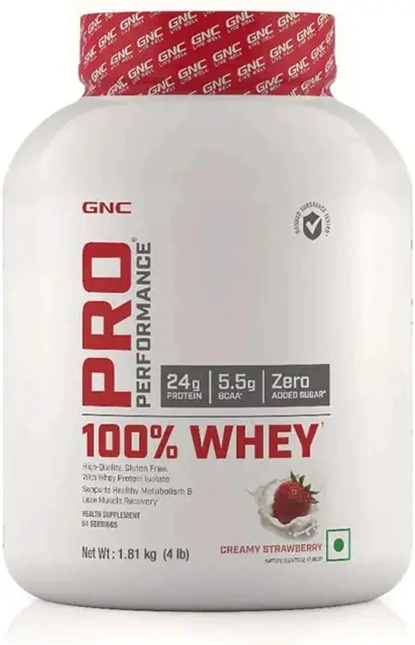 GNC Pro Performance 100% Whey Protein Powder | Boosts Strength & Endurance | Builds Lean Muscles | Fastens Muscle Recovery | Formulated In USA | 24g Protein | 5.5g BCAA | Creamy Strawberry | 4 lbs - Creamy Strawberry, 4.4 Lbs