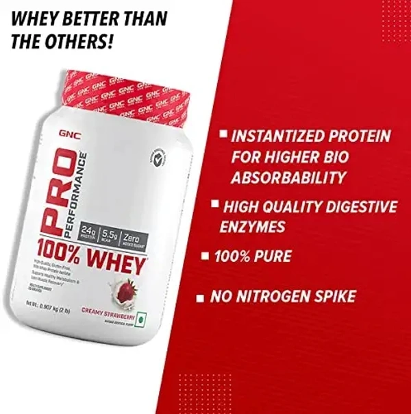 GNC Pro Performance 100% Whey Protein Powder | Boosts Strength & Endurance | Builds Lean Muscles | Fastens Muscle Recovery | Formulated In USA | 24g Protein | 5.5g BCAA | Creamy Strawberry | 2 lbs - Creamy Strawberry, 2.2 Lbs