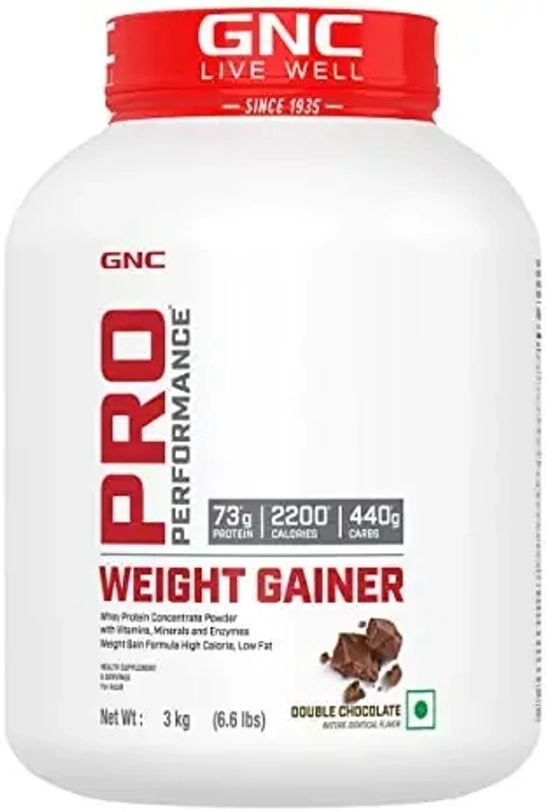 GNC Pro Performance Weight Gainer | Healthy Body Gains | Reduces Muscle Breakdown | Boosts Metabolism | Formulated In USA | 73g Protein | 440g Carbs | 2200 Cal | (Double Chocolate, 3 KG) - Double Chocolate, 3 Kg