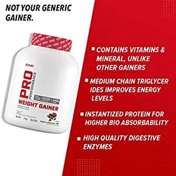 GNC Pro Performance Weight Gainer | Healthy Body Gains | Reduces Muscle Breakdown | Boosts Metabolism | Formulated In USA | 73g Protein | 440g Carbs | 2200 Cal | (Double Chocolate, 3 KG) - Double Chocolate, 3 Kg