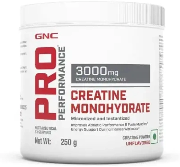 GNC Pro Performance Creatine Monohydrate | Boosts Athletic Performance | Micronized & Instantized | Fuels Muscles |Energy Support for Heavy Workout | Formulated In USA | Unflavoured powder| 250 gm - Unflavoured powder, 250 Gm