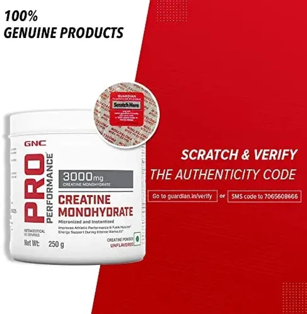 GNC Pro Performance Creatine Monohydrate | Boosts Athletic Performance | Micronized & Instantized | Fuels Muscles |Energy Support for Heavy Workout | Formulated In USA | Unflavoured powder| 250 gm - Unflavoured powder, 250 Gm