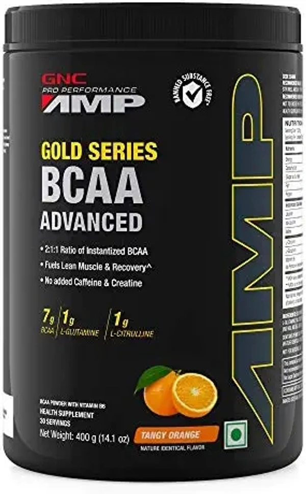 GNC AMP Gold Series BCAA Advanced | Fastest Muscle Recovery powder| Maximized Workout Performance | Formulated In USA | 7g BCAA | 1g L-Glutamine | 1g L-Citrulline | Tangy Orange | 400 gm  - Tangy Orange, 400 gm