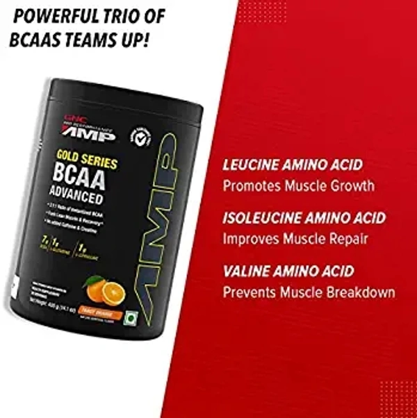 GNC AMP Gold Series BCAA Advanced | Fastest Muscle Recovery powder| Maximized Workout Performance | Formulated In USA | 7g BCAA | 1g L-Glutamine | 1g L-Citrulline | Tangy Orange | 400 gm  - Tangy Orange, 400 gm