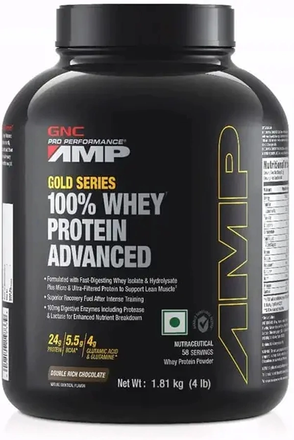 GNC AMP Gold Series 100% Whey Protein Advanced | Lean Muscle Gains | Advanced Fitness Performance | Formulated In USA | 24g Protein | 5.5g BCAA | 4g Glutamine | Double Rich Chocolate | 4 lbs - Double Rich Chocolate, 4 lbs