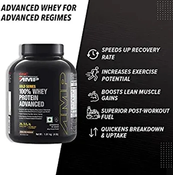 GNC AMP Gold Series 100% Whey Protein Advanced | Lean Muscle Gains | Advanced Fitness Performance | Formulated In USA | 24g Protein | 5.5g BCAA | 4g Glutamine | Double Rich Chocolate | 4 lbs - Double Rich Chocolate, 4 lbs