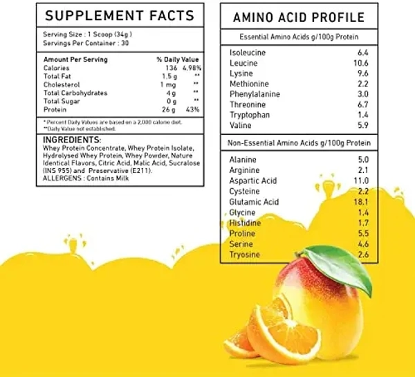 Big Muscle  BIG MUSCLES FROTEIN JUICY WHEY l 26GM PROTEIN, 0GM SUGAR, 5.5GM BCAA l 1KG (2.2LBS) (MANGO ORANGE) - MANGO ORANGE, 1KG