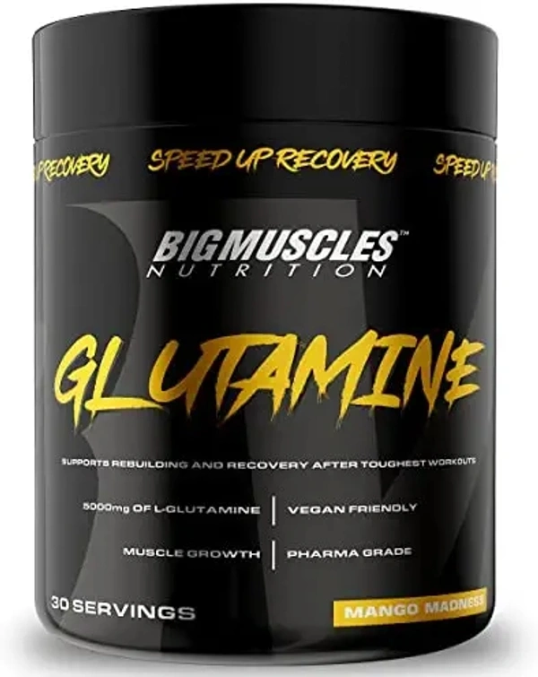 Big Muscle  Bigmuscles Nutrition Glutamine [ 30 Servings, Mango Madness] | 5000 mg | Muscle Growth & Recovery Intense Exercise | Helps Repair Muscles | Clinically Proven for Men & Women | Safe for Regular Consumption - MANGO MADNESS, 100 Gm
