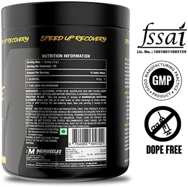 Big Muscle  Bigmuscles Nutrition Glutamine [ 30 Servings, Mango Madness] | 5000 mg | Muscle Growth & Recovery Intense Exercise | Helps Repair Muscles | Clinically Proven for Men & Women | Safe for Regular Consumption - MANGO MADNESS, 100 Gm