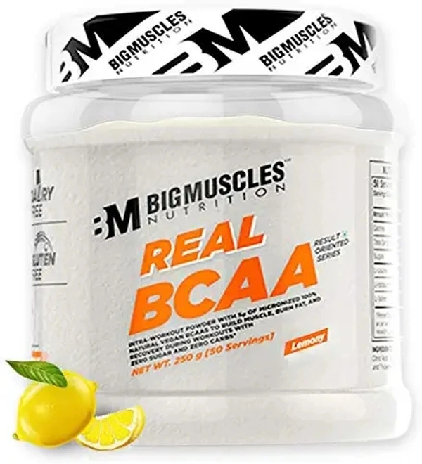Big Muscle  Bigmuscles Nutrition Real BCAA [50 Servings, Lemony] -100% Micronized Vegan, Muscle Recovery & Endurance BCAA Powder, 5 Grams of Amino Acids, Keto Friendly, Caffeine Free, Pack of 1#1 Best Seller in BCAAs - LEMONY, 250 Gm