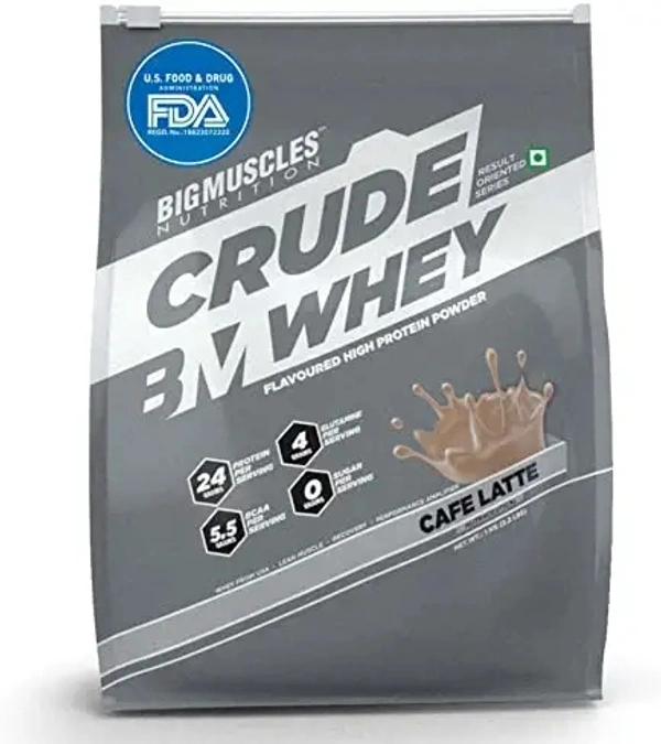 Big Muscle  Bigmuscles Nutrition Crude Whey - 1 kg (Cafe Latte) | US FDA REGD. BRAND | Whey Protein Concentrate 80%, 24g Protein, 5.5g BCAA, 4 g Glutamine - Rich Chocolate, 1 Kg