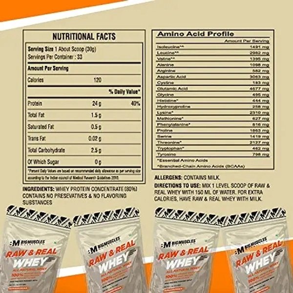 Big Muscle  Bigmuscles Nutrition Raw & Real Organic Whey Protein [1kg] - Natural, 80% Protein, Additive Free, Unflavored, 24g Protein ,5.5g BCAA , 4g Glutamine per serving - Unflavored, 1 Kg