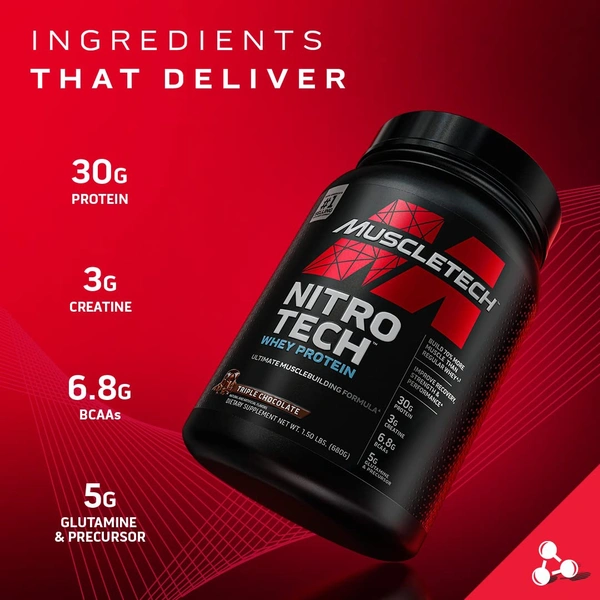 MuscleTech Whey Protein Powder Chocolate Flavour, 1.81 kg With Whey Isolates & Peptides Performance Series Nitro Tech - Chocolate, 1.81Kg