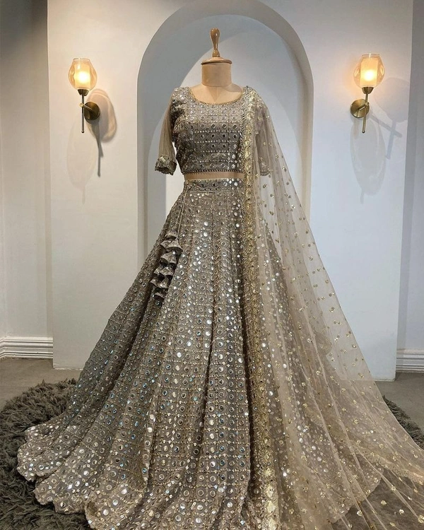 Grey Georgette Mirror Work Wedding Lehenga Choli