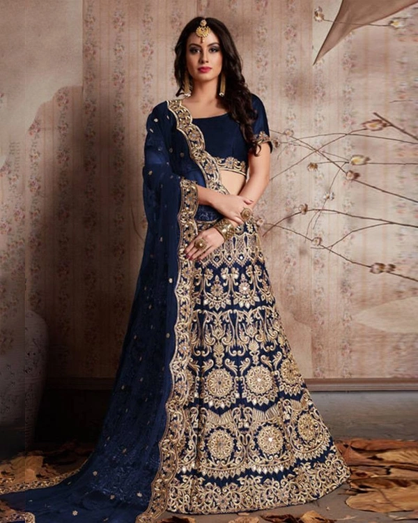 Blue Velvet Zari Sequence Wedding Lehenga Choli