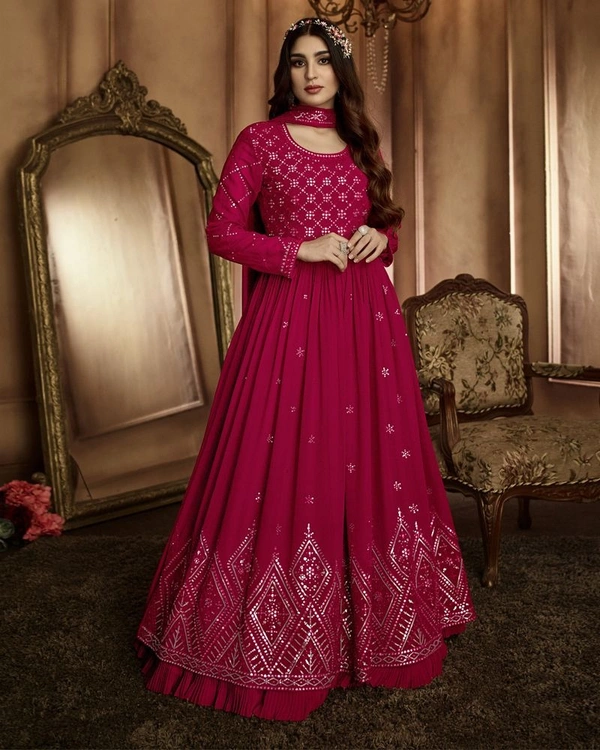 Skip to the beginning of the images gallery Red Georgette Designer Wear Anarkali Dress