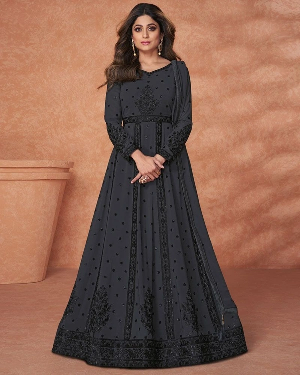 Skip to the beginning of the images gallery Black Faux Georgette Designer Gown