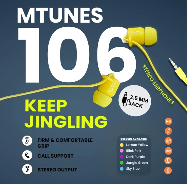 Mobilla MTUNES 106 Earphone  - Lemon Yellow / Blink Blue / Sky Blue / Jungle Green / Dark Purple