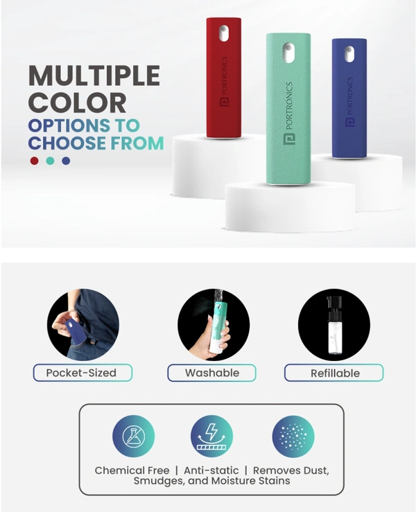 Portronics Swipe 2 Screen Cleaner & Duster with Refillable Spray Bottle - Blue, Red