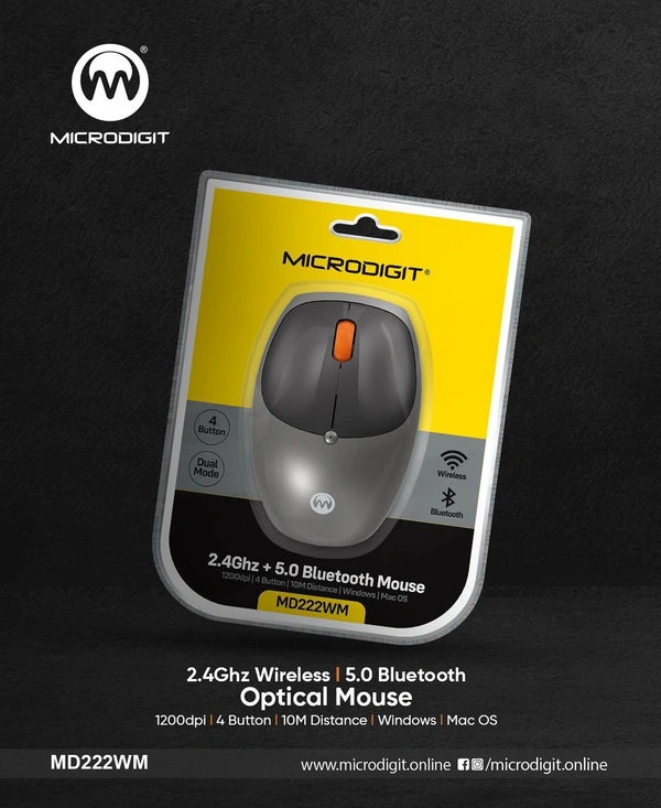 Microdigit MD222WM 2.4Ghz + 5.0 Bluetooth Mouse  - Black