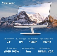 Viewsonic  ViewSonic VA2432-H-W 24 Inch Full HD IPS 3 Side Bezel Less White Monitor  - White