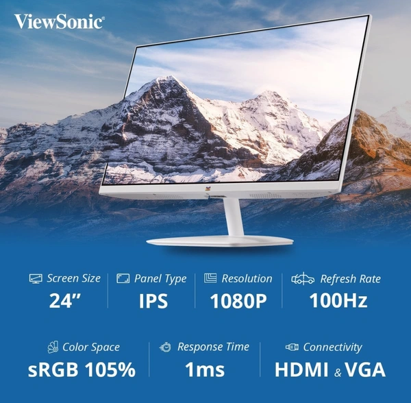 Viewsonic  ViewSonic VA2432-H-W 24 Inch Full HD IPS 3 Side Bezel Less White Monitor  - White