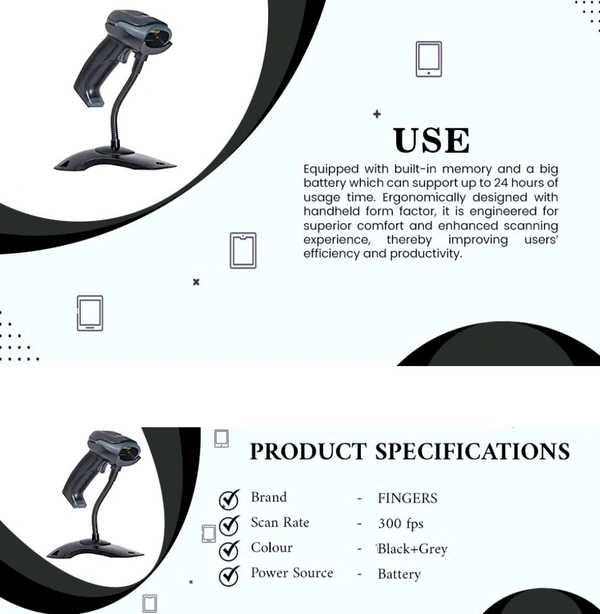 Fingers  FINGERS Quickscan WL2 Barcode Scanner with Quickscan Technology - Black