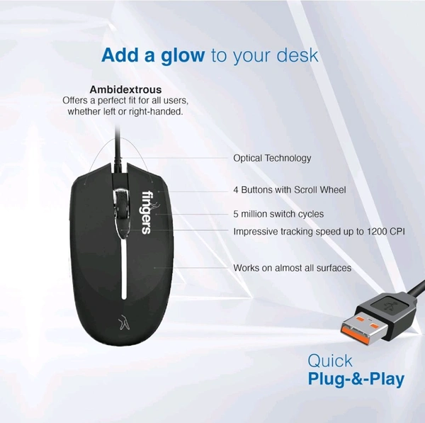Fingers  FINGERS Magnifico Duo Wired Backlit Deskset Combo Keyboard & Mouse - Black