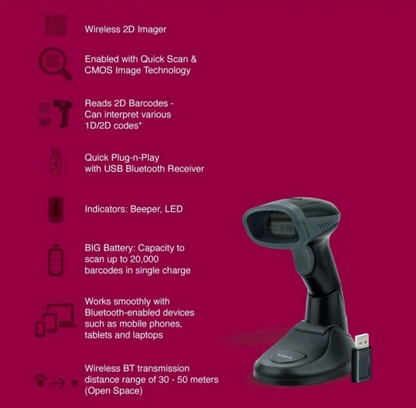 Fingers  FINGERS 2D-QuickScan WL5 Wireless Barcode Scanner - Black