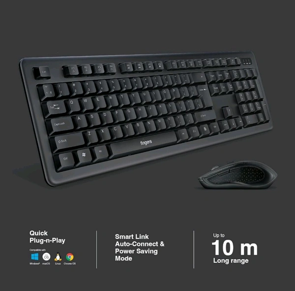Fingers  FINGERS Duo-Recharge Wireless Deskset Mouse + Keyboard Combo - Black