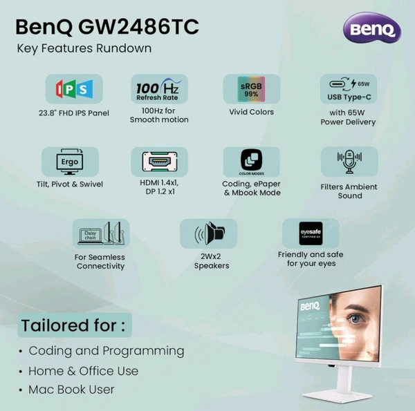 BenQ GW2486TC 24" IPS 100Hz Full HD Coding Monitor  - White