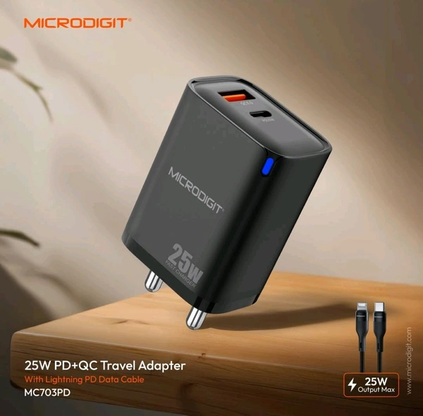 MICRODIGIT  Microdigit MC703PD 25w Type-C to Lightning Charger - Black