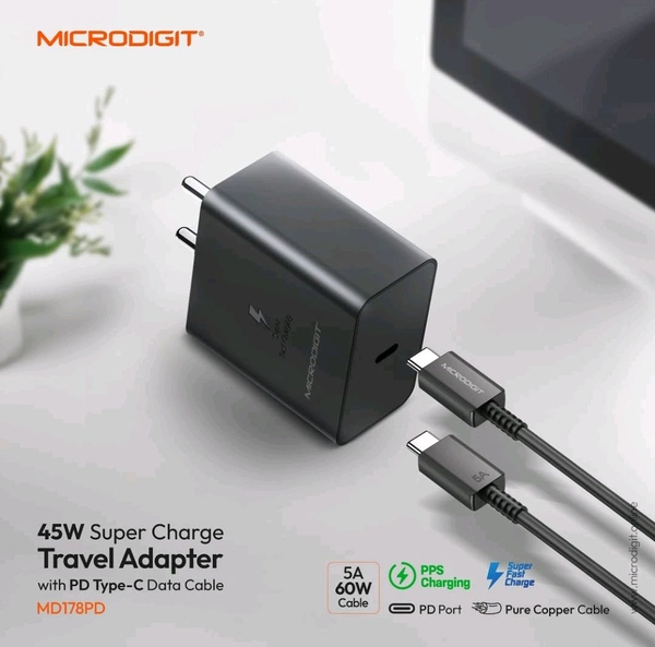 MICRODIGIT  Microdigit MD178PD 45w Type-C to C Charger - Black