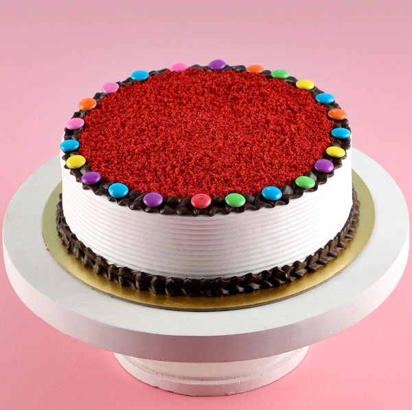 Red Velvet With Gems On Top Cake - Half Kg, Eggless