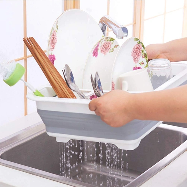 0804b Collapsible Folding Silicone Dish Drying Drainer Rack with Spoon Fork Knife Storage Holder (Brown Box)