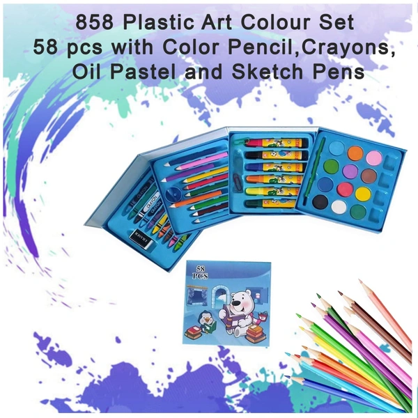 0858 Plastic Art Colour Set 58 pcs with Color Pencil, Crayons, Oil Pastel and Sketch Pens