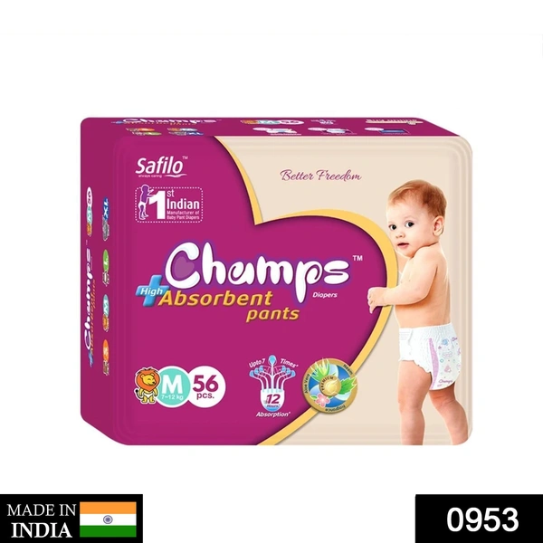 0953 Premium Champs High Absorbent Pant Style Diaper Medium Size, 56 Pieces (953_Medium_56)
