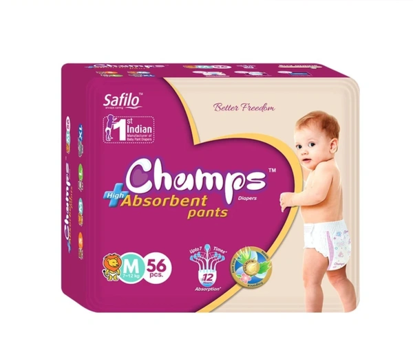 0953 Premium Champs High Absorbent Pant Style Diaper Medium Size, 56 Pieces (953_Medium_56)