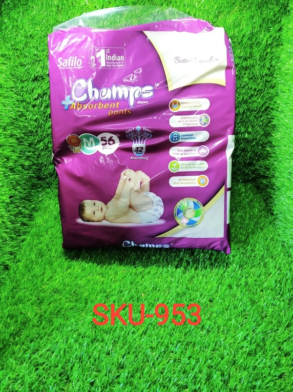 0953 Premium Champs High Absorbent Pant Style Diaper Medium Size, 56 Pieces (953_Medium_56)