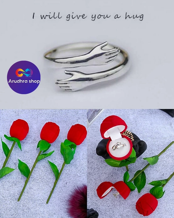 Hug Ring With Rose Box  - Silver