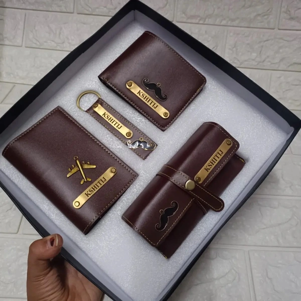 Customized Leather Mens Wallet Passport Cover Keychain Mirror Case Combo 