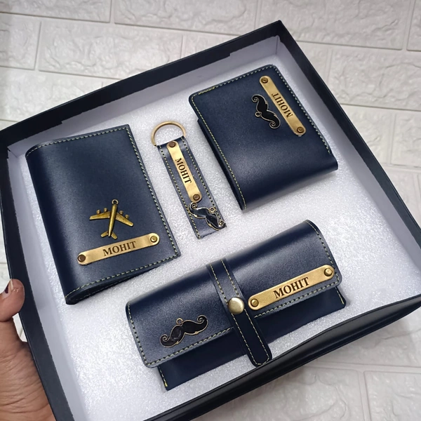 Customized Leather Mens Wallet Passport Cover Keychain Mirror Case Combo 
