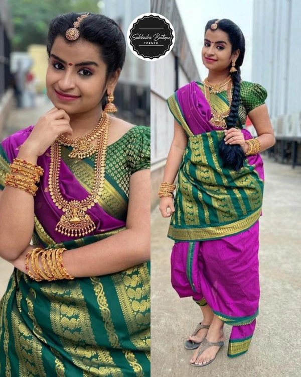 Kalyani Cotton Saree Pink Magenta With Green - Purple