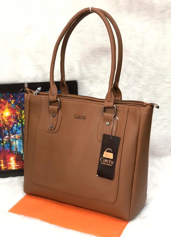 Catchy Branded  Handbag  - Brown, 3 Main Zip And 1 Side Zip