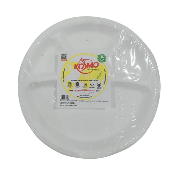 Kosmo Sugarcane Bagasse 12 Inches Plate With Four Compatmantes (Pack Of 25)