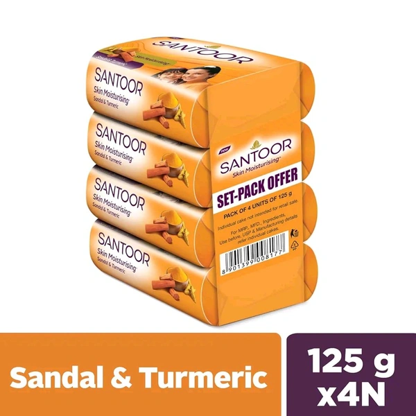Santoor Sandal & Turmeric Soap for Total Skin Care, 100g × 4N