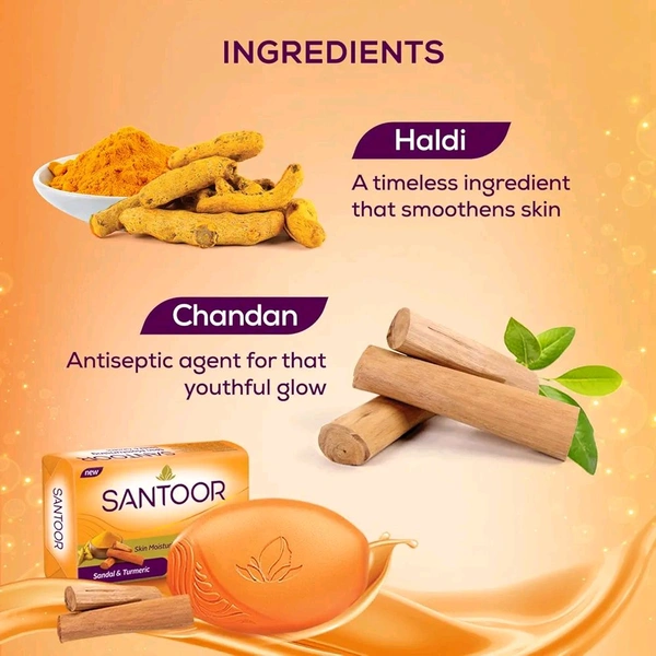 Santoor Sandal & Turmeric Soap for Total Skin Care, 100g × 4N
