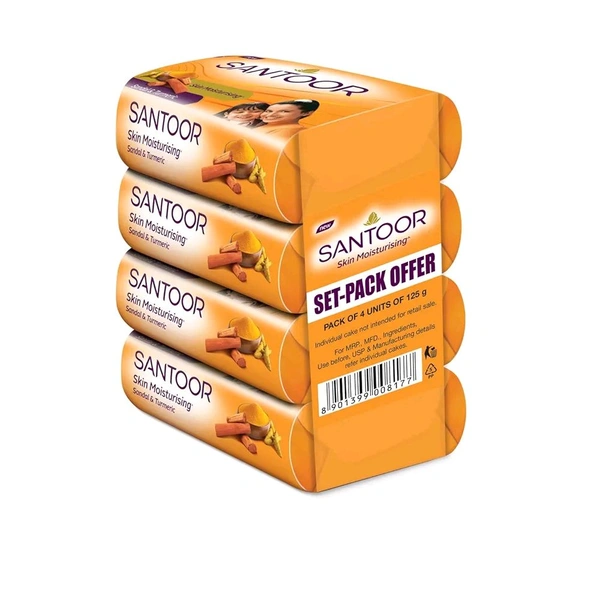 Santoor Sandal & Turmeric Soap for Total Skin Care, 100g × 4N