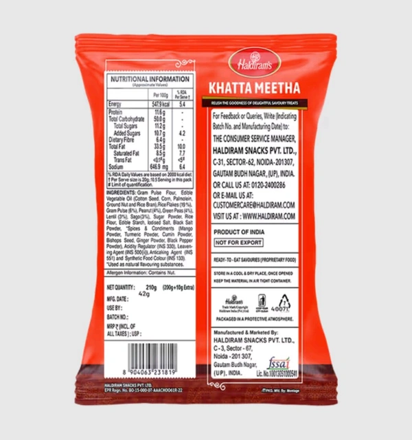Haldirams Khatta Meetha -  200g + 10g Free
